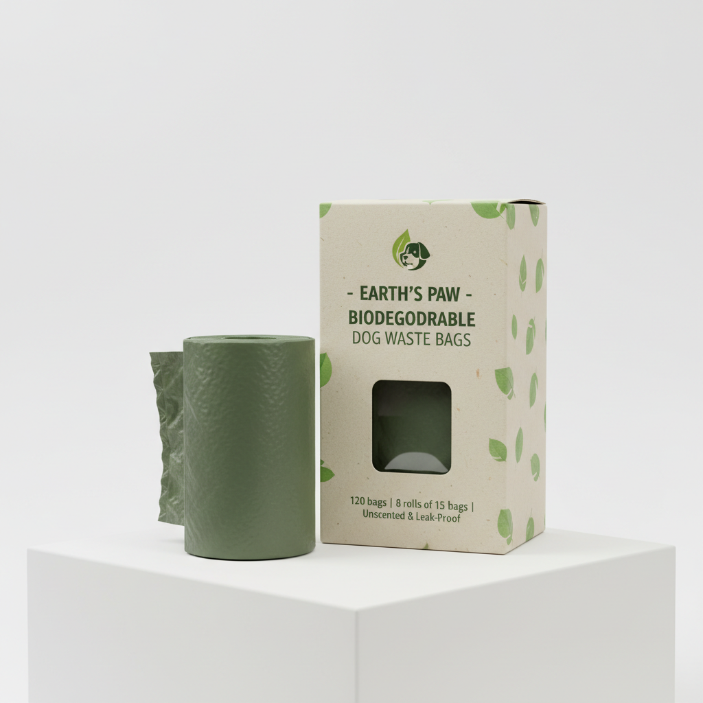 Rollos de bolsas biodegradables para excrementos de perro sobre fondo blanco